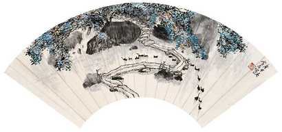 白雪石 庚申（1980年）作 池塘扇面 镜心